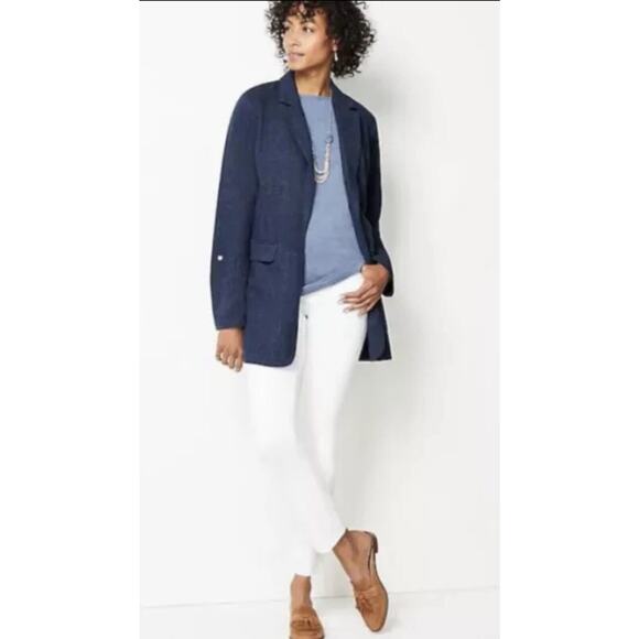 J. Jill Sz M Blue Slat Open Front Tab‎ Sleeve Cotton Blend Long Blazer Jacket - Picture 1 of 9
